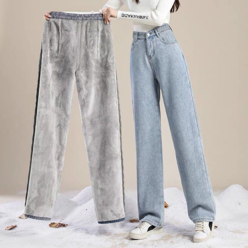 Thick High Waisted Drooping Casual Wide Leg Jeans for Women with Plush Insulation Loose Fitting Straight Leg Mop for Outerwear Winter Pants