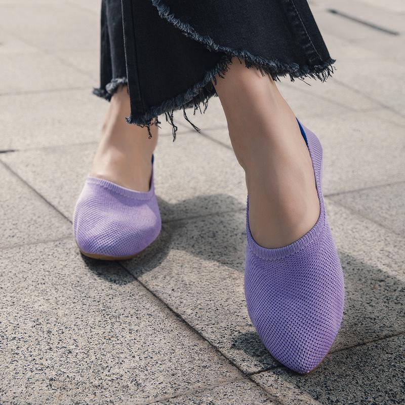 Модная женская обувь на плоской подошве с острым носком, мягкой вязаной подошвой, дышащая и удобная обувь, весна 2025, новая модель, дышащие балетки для женщин
