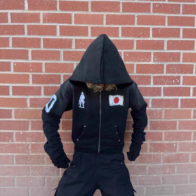 Personalized Street Style European and American Unisex Cartoon Comic Print Hooded Zipper Plus Pocket Hip-hop Hoodie