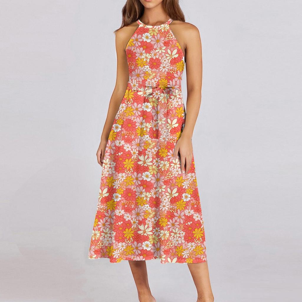 Женское повседневное платье миди с круглым вырезом, классическое, повседневное, без рукавов, свободное платье в стиле бохо с завязками, летний пляжный сарафан