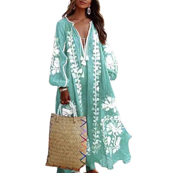 Summer Women Dress Deep V Neck Tassel Long Sleeve Retro Bohemian Style Oversized A-line Flowy Hem Floral Print Vacation Beach Maxi Dress