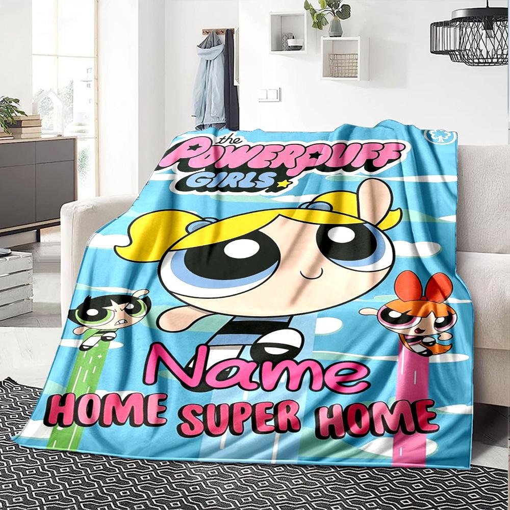 Custom Name Powerpuff Girls Adventure flannel Blanket for Super Soft Cute Comfort Blanket for Travel Bedding Couch Sofa Blanket