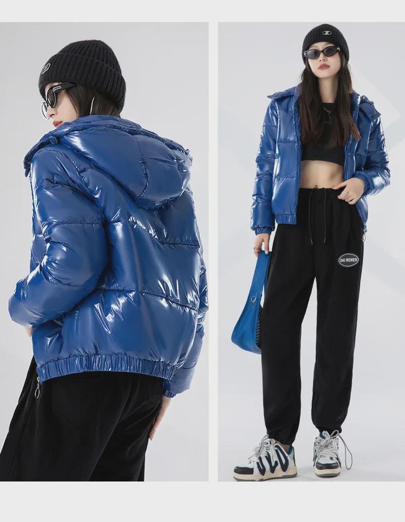 Женская короткая куртка-пуховик в корейском стиле - модное блестящее хлопковое пальто с капюшоном для зимы