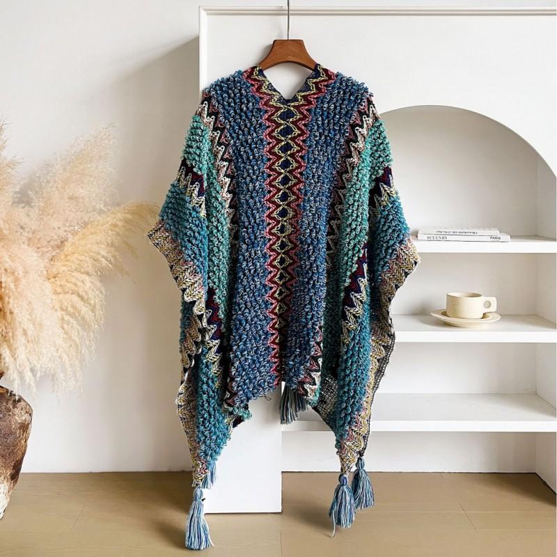 Womens Knit Cape Cardigan Winter Thick Striped Ethnic Style Shawl Cloak