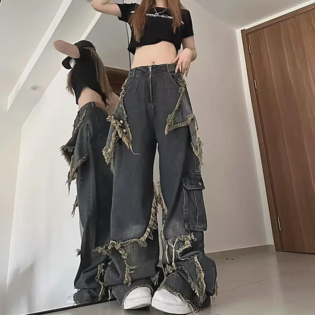 2023 High-Waisted Dark Retro Star Wide-Leg Jeans with Raw Edge and Loose Street Style