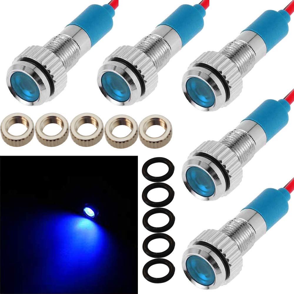 CESFONJER 5pcs 6mm 1/4" LED Metal Indicator Light Waterproof Signal Lamp Pilot Dash Directional Car Truck Boat Wire (Blue)