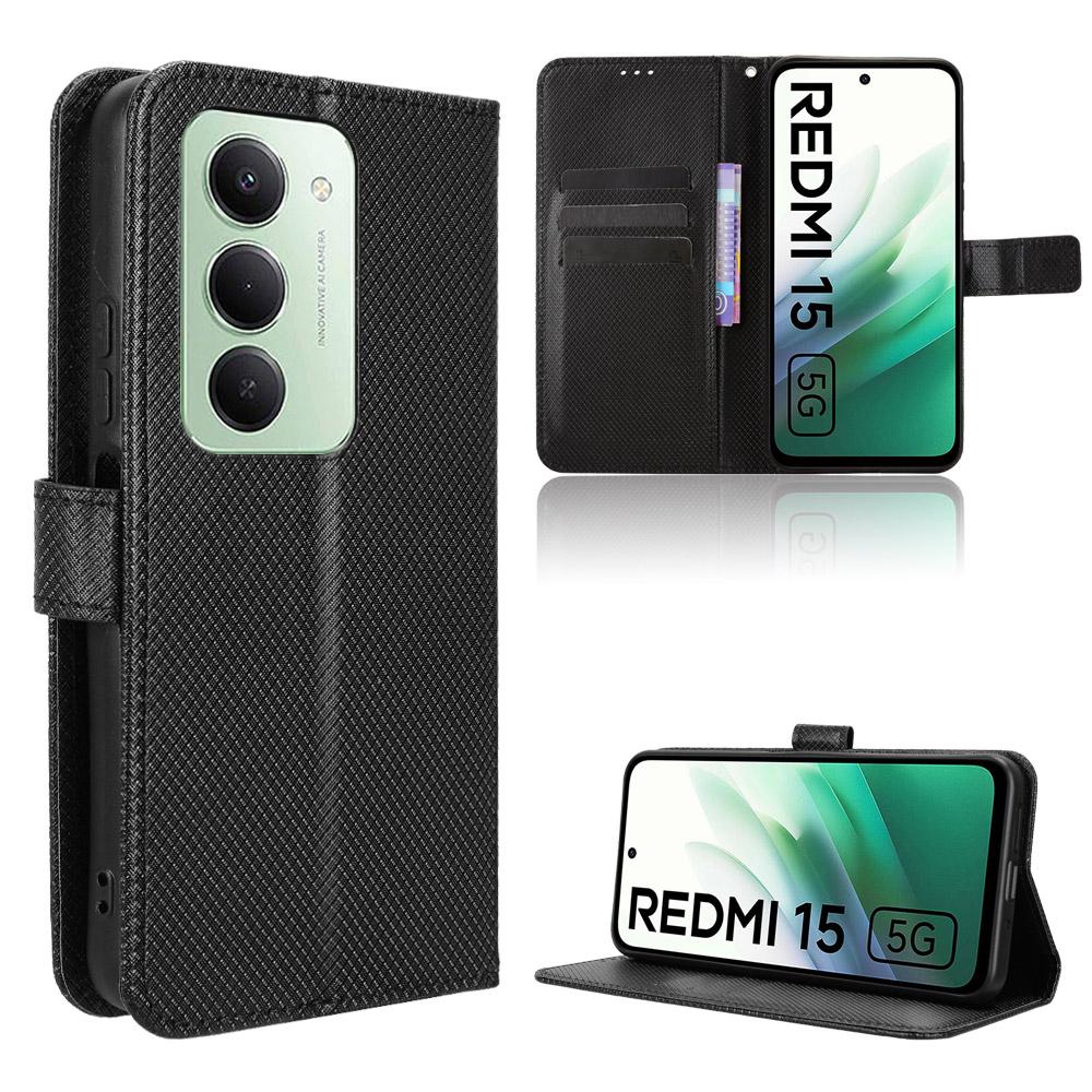 Для Xiaomi Redmi 15 5G (Глобальный) (169 мм) Кожаный чехол-портмоне с ремешком и ромбовидной текстурой для телефона