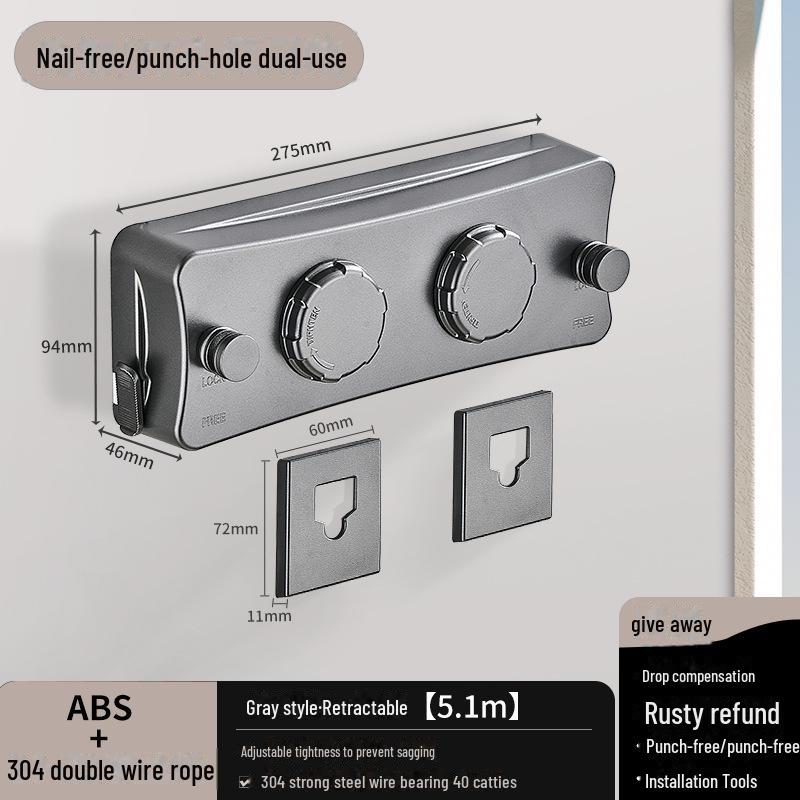 Двухрядная выдвижная бельевая веревка без проколов для использования в помещении и на балконе - невидимая и регулируемая стальная проволока для подвешивания и сушки