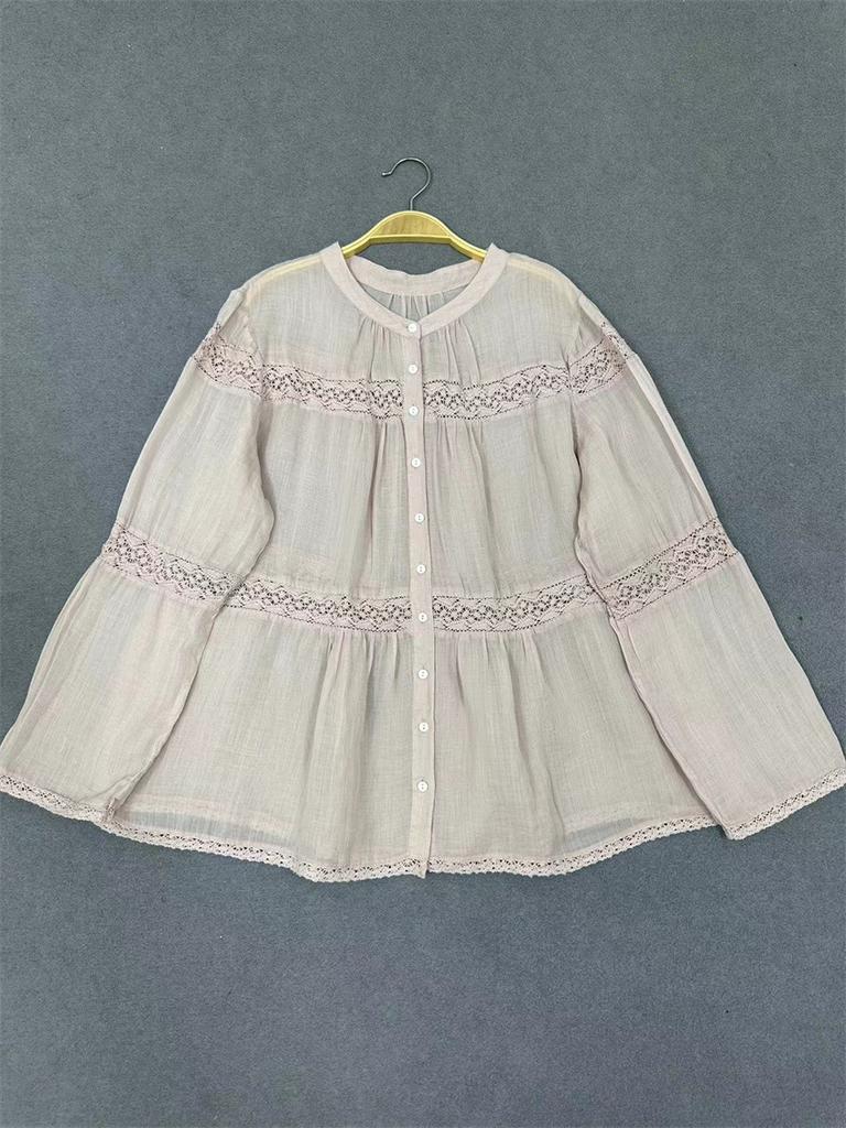 Johnature Японские тонкие кружевные рубашки с длинными рукавами, осенние повседневные простые свободные повседневные топы для женщин