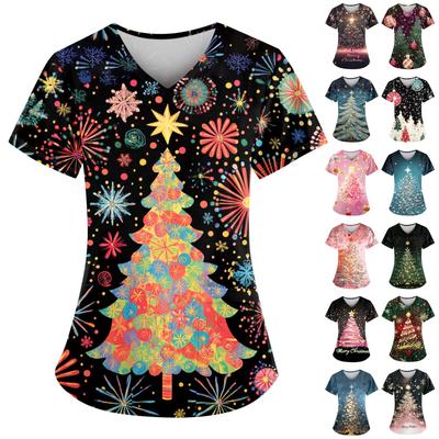 Женский свободный облегающий топ с принтом рождественского снеговика и V-образным вырезом, короткими рукавами и карманами