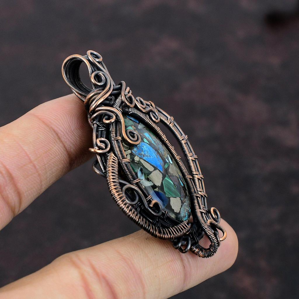 Copper Azurite Malachite Pendant Copper Wire Wrapped Pendant Gemstone Copper Jewelry Elegant Pendant Handmade Wire Wrap Jewelry Gift For Her