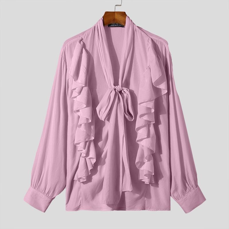 INCERUN Мужские рубашки с длинным рукавом и оборками, завязывающиеся на резинке, прозрачные многослойные топы с воланами