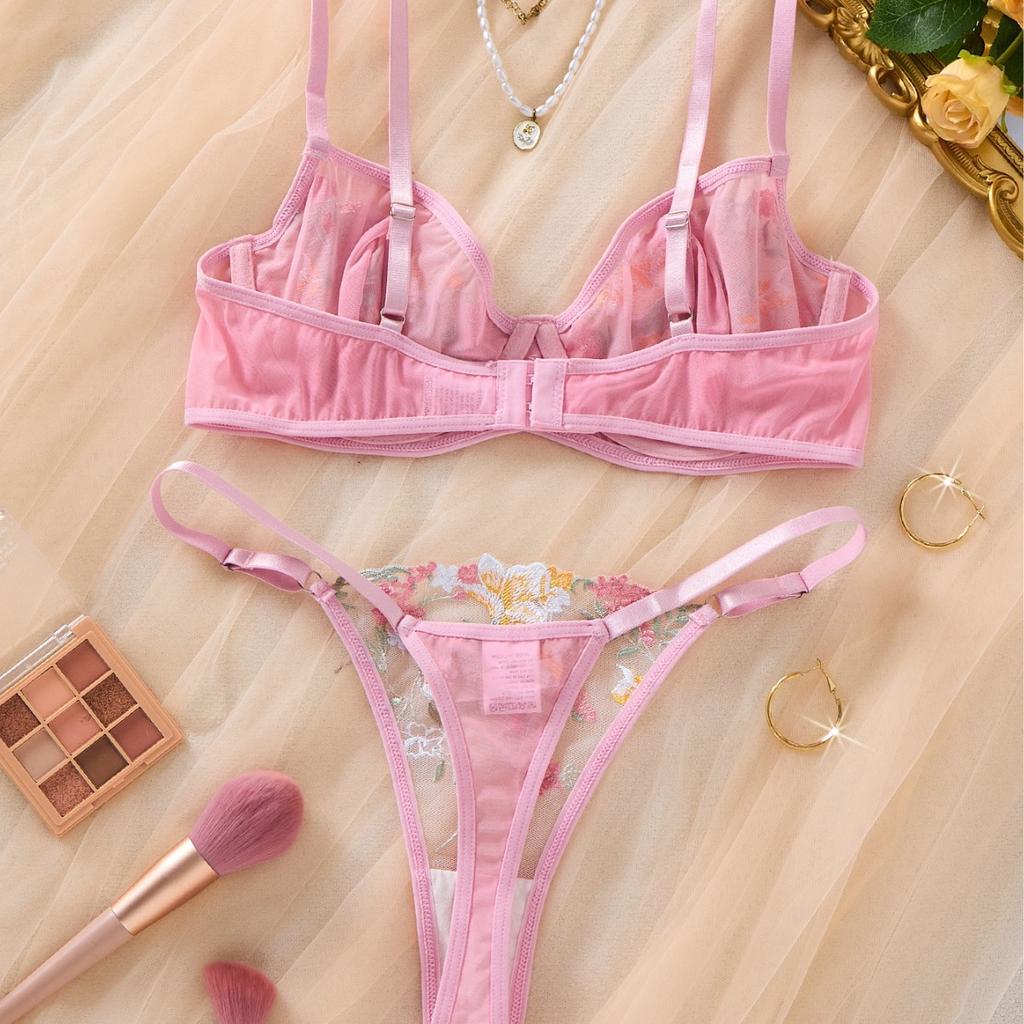 Pink embroidered mesh erotic underwear pure desire thong bra two-piece set small chest gathering sexy hollow set