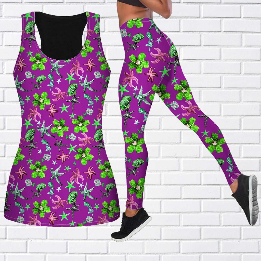 Фиолетовый наряд для йоги с принтом морской звезды для женщин, модные леггинсы для тренировок, спортивные повседневные штаны для фитнеса и йоги