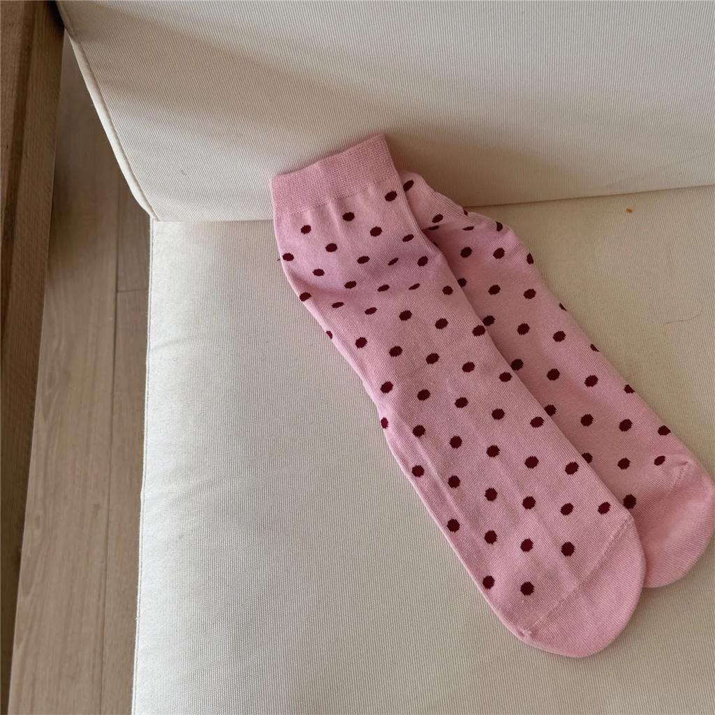 Красные женские носки в горошек, корейские модные хлопковые носки средней длины, женские носки в стиле Харадзюку, ретро, уличная одежда, вязаные эластичные длинные носки