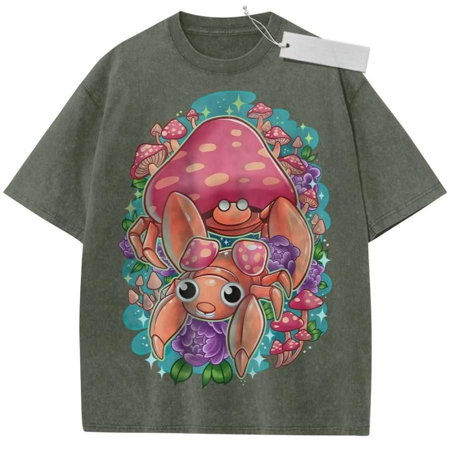 Unisex Washed Pink Vintage T Shirt Fairy Tale Mushroom Crab High Quality Fabric for Home Leisure Travel Shopping