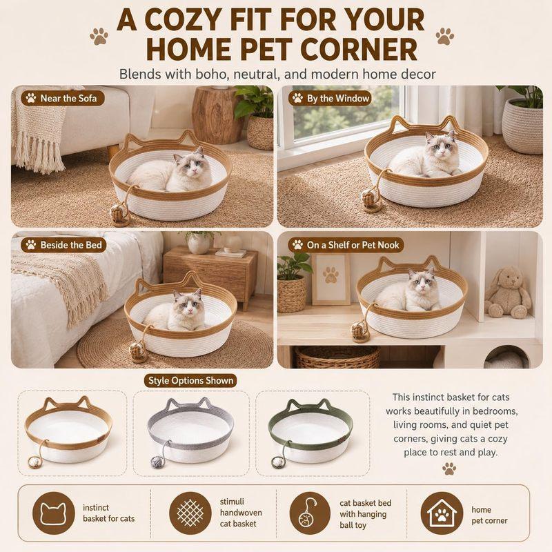 Cat Instinct Basket - Hand-woven Cotton Rope Fun Bed, Equipped with a Toy Tail, Suitable for Scratching and Interactive Pet