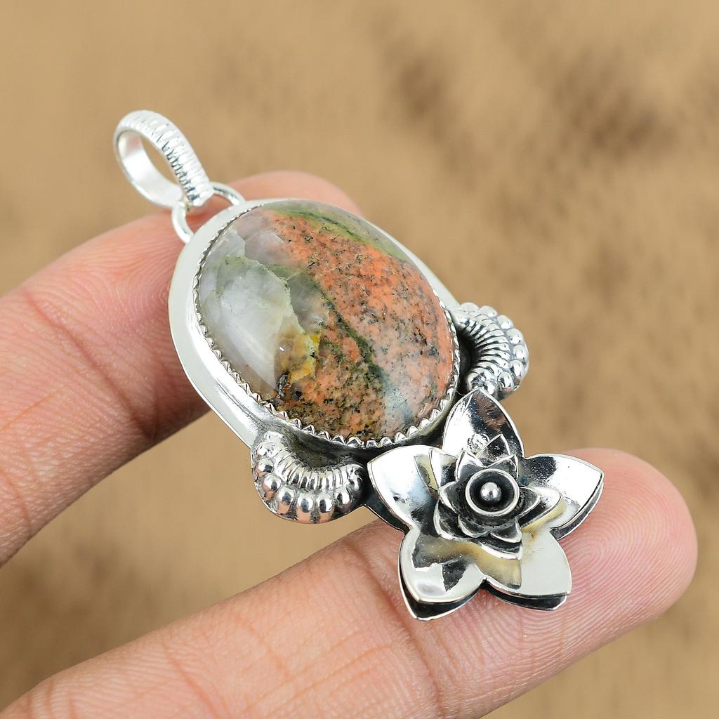 Mothers Day Sale 925 Silver Oval Natural Unakite Flower Heart Chakra New Pendant