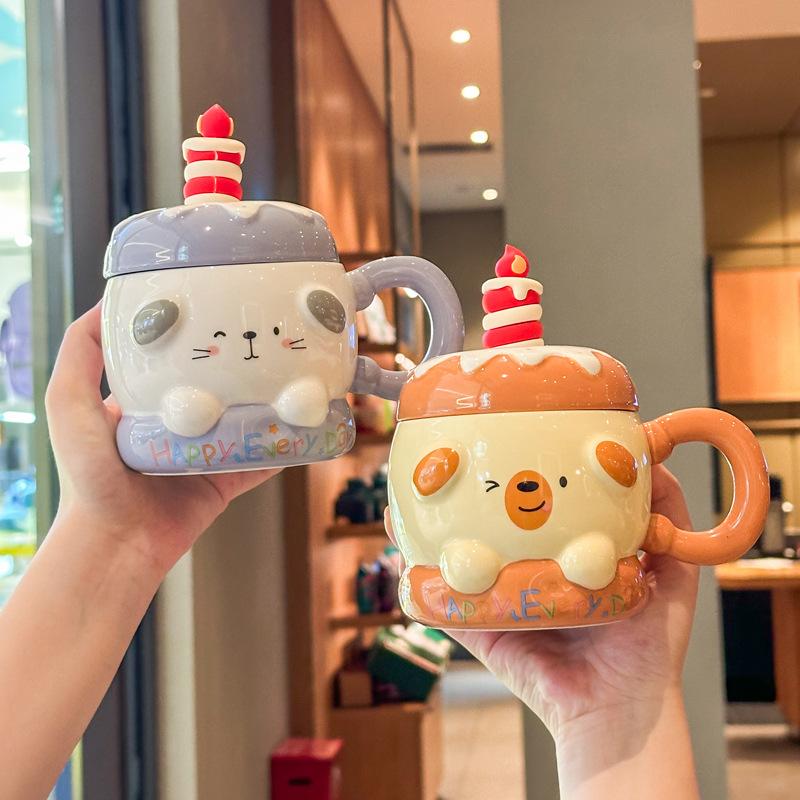 Супер милая керамическая кружка для торта с крышкой и ложкой, офисная кружка для кофе, парная кружка для молока и завтрака, подарок на день рождения