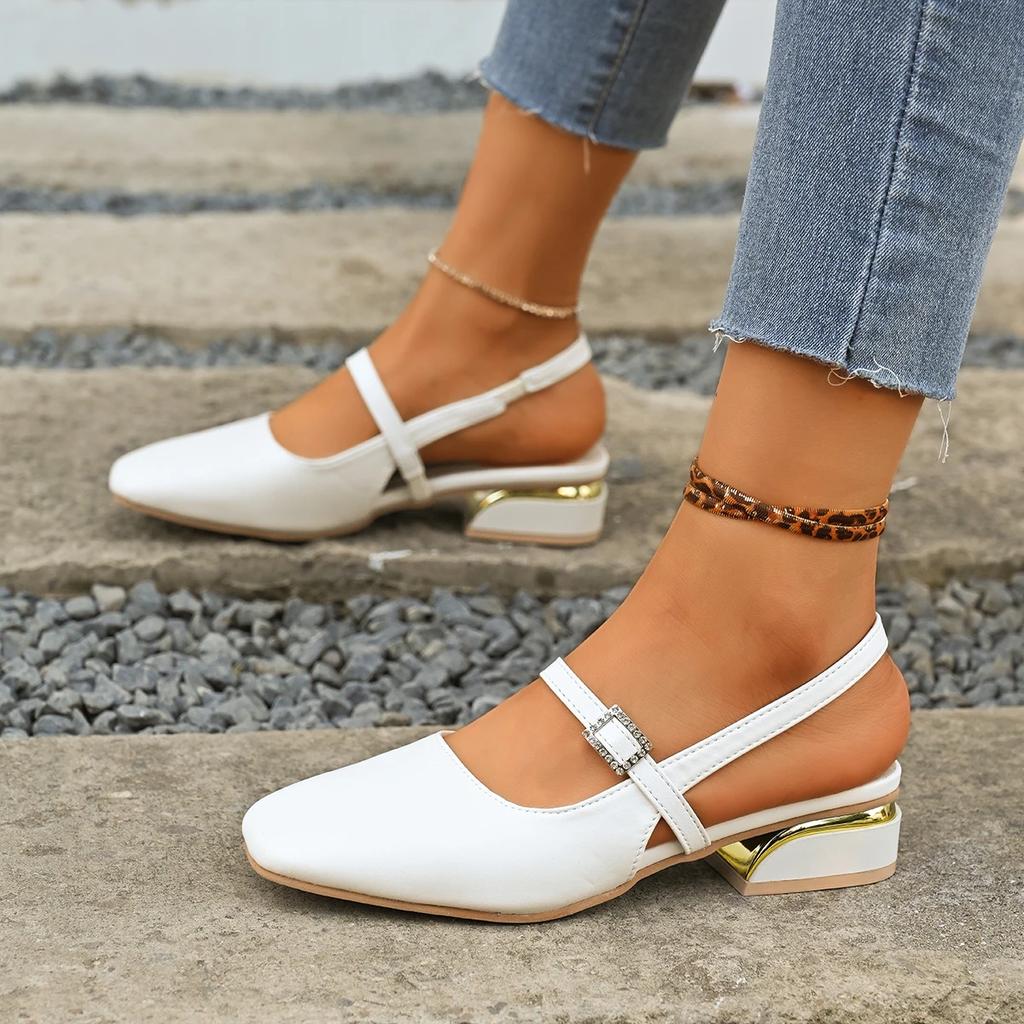 Модные женские сандалии на толстом каблуке без каблука для повседневной носки Новые летние рабочие сандалии с квадратным носком и пряжкой Туфли на высоком каблуке для женщин