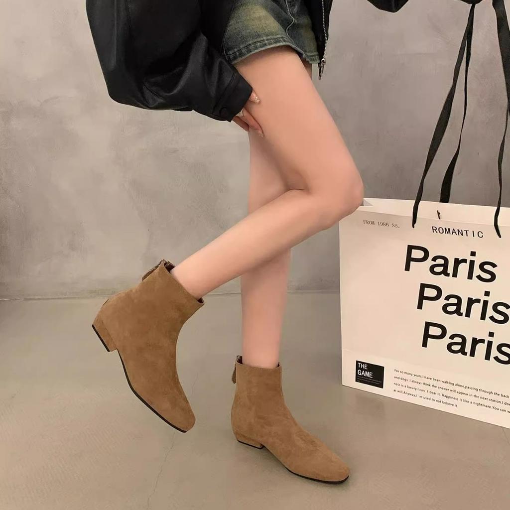 Французские ботильоны на толстом каблуке цвета хаки, женская обувь 2025, новые бархатные ботильоны, ретро замшевые корейские маленькие короткие ботинки