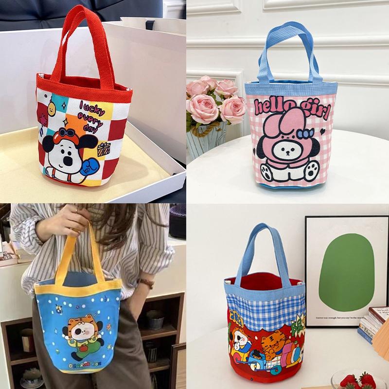 Милая сумка-ведро с дудлами, сумка-цилиндр с мультяшным принтом, холщовая сумка, женская сумочка, сумка для ланча, сумка-шоппер, школьная сумка