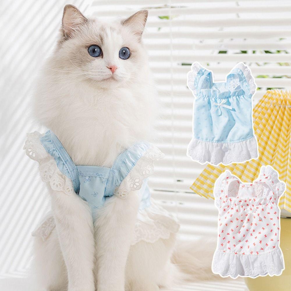 Exquisite Lace Cat Skirt Soft Dog Princess Dress Simple Bow Print Dog Dress Pet Clothes
