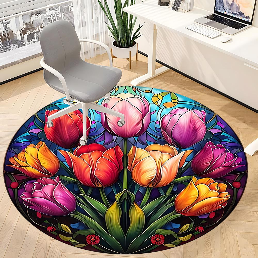 1pc Tulip StainedGlass Office Round Area Rug, Indoor Mat Suitable ForOffice, Under Office Chairs Bedroom Living Room Home Decor, Room Deco D116
