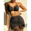 3 Pieces Black V Wire Halter Bikini 2025 Women & Beach Skirt Swimwear Female Swimsuit Solid Beachwear Bathing Swimming Suit