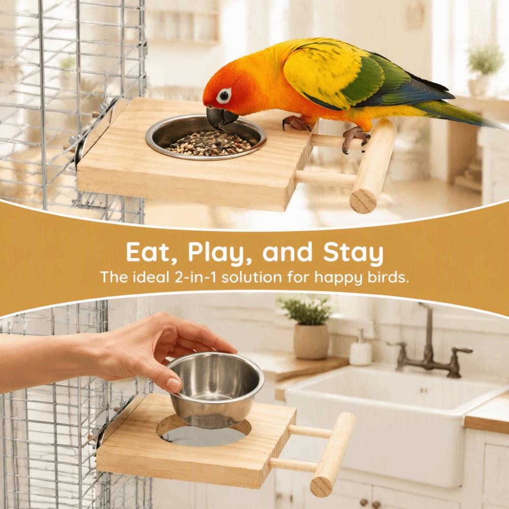 Stainless Steel Parrot Feeding Bowl Wooden Perch Stand Stainless Steel Water Feeder For Parakeets