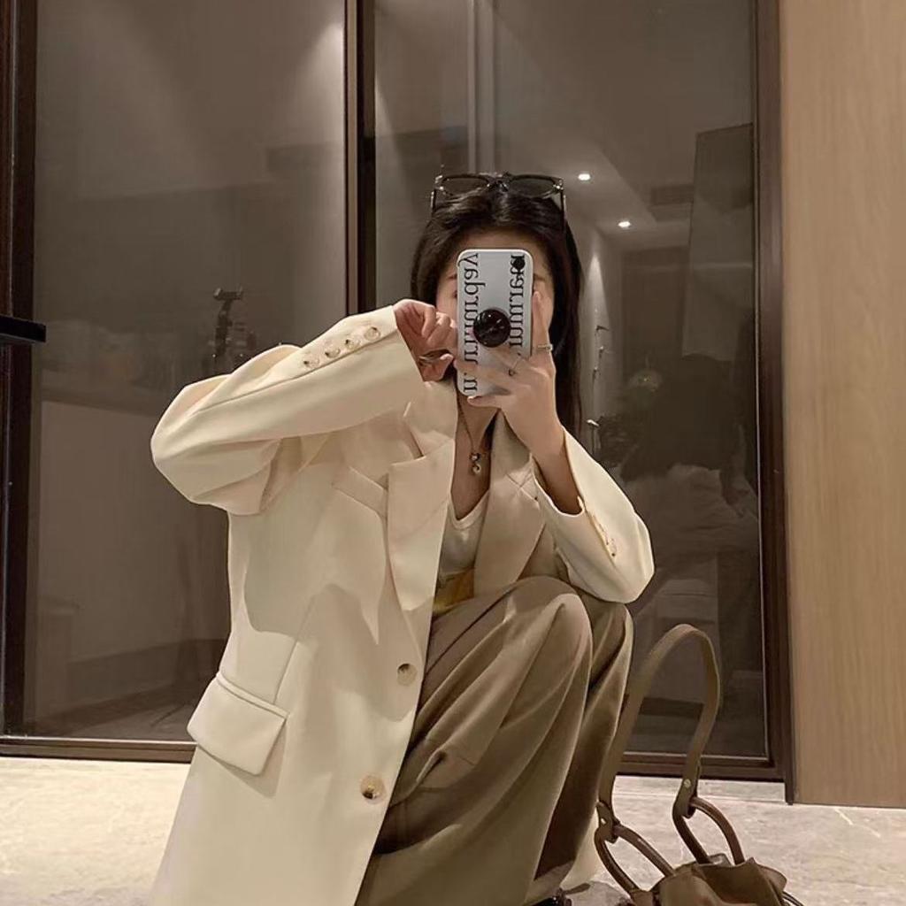 Белый блейзер в корейском стиле, свободного кроя, куртка на весну-осень для миниатюрных женщин, повседневный офисный наряд