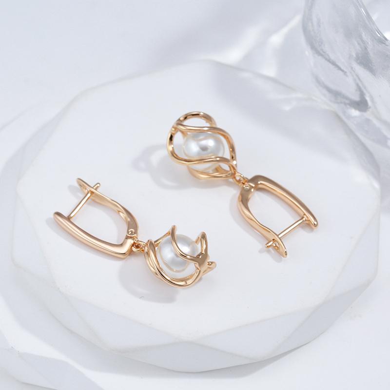 Minimalist Hollow Spiral Pearl Dangle Earrings Rose Gold Color Women Jewelry