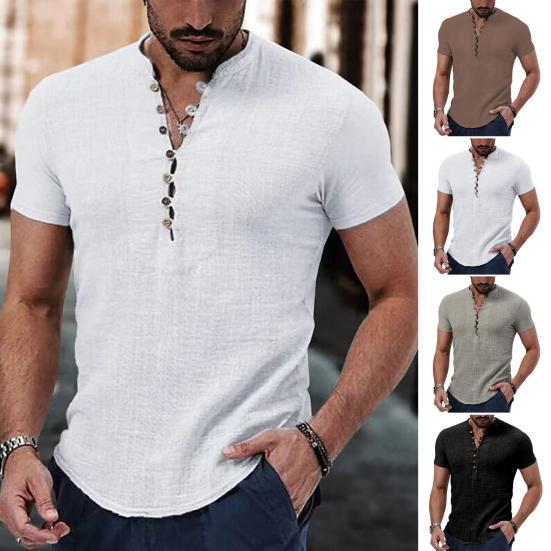 Men's Cotton Linen Shirt Casual Button Top Loose Fit Short Sleeve T-shirt Breathable Summer Clothes for Daily Wear