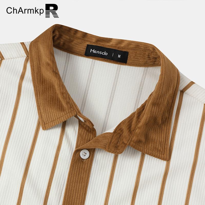 ChArmkpR Мужские летние вельветовые полосатые футболки с короткими рукавами и лацканами с карманом