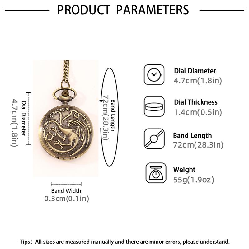 2 шт./набор, 1 шт. ретро модные мужские часы с тремя головками дракона дизайн корпуса кварцевые карманные часы и 1 шт. роскошное мужское ожерелье, идеальный выбор для подарков мужчинам