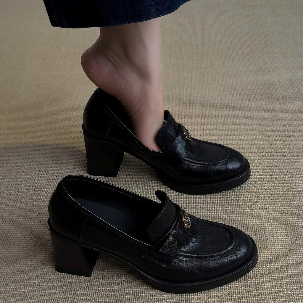 ~~ Camellia loafers women's thick heel high heel round head one pedal small leather shoes single shoes women
