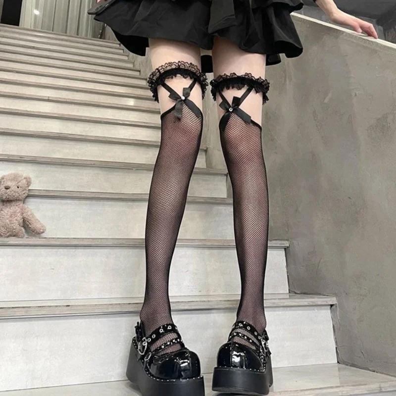 Sexy Sweet Over Knee Long Socks Women Girls Lolita Bowknot Thigh High Stockings Punk Lace Mesh Legging Hollow Fishnet Pantyhose