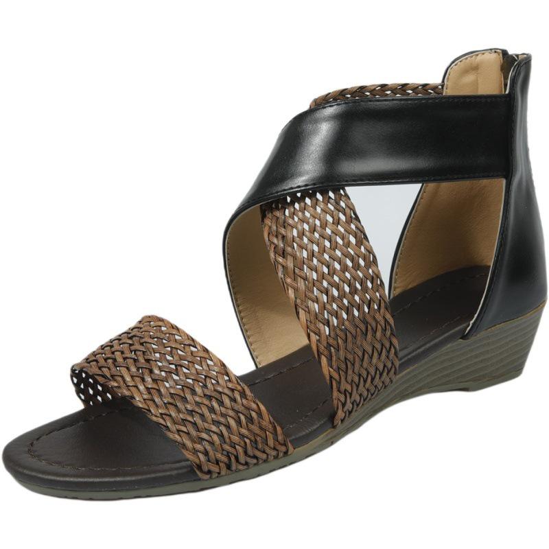 Женские сандалии большого размера. Летние плетеные сандалии на танкетке. Пляжные повседневные сандалии.