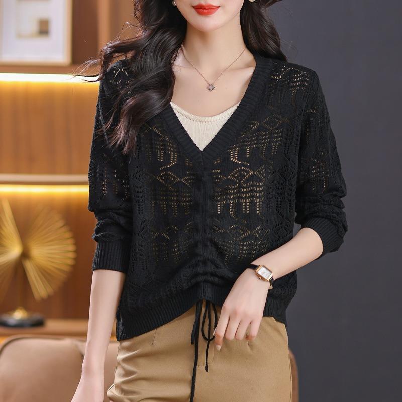 Spring and Summer Casual V-neck Fake Two-piece Top Drawstring Design Elegant Hollow Long-sleeved Knitted Lace-up Blouse