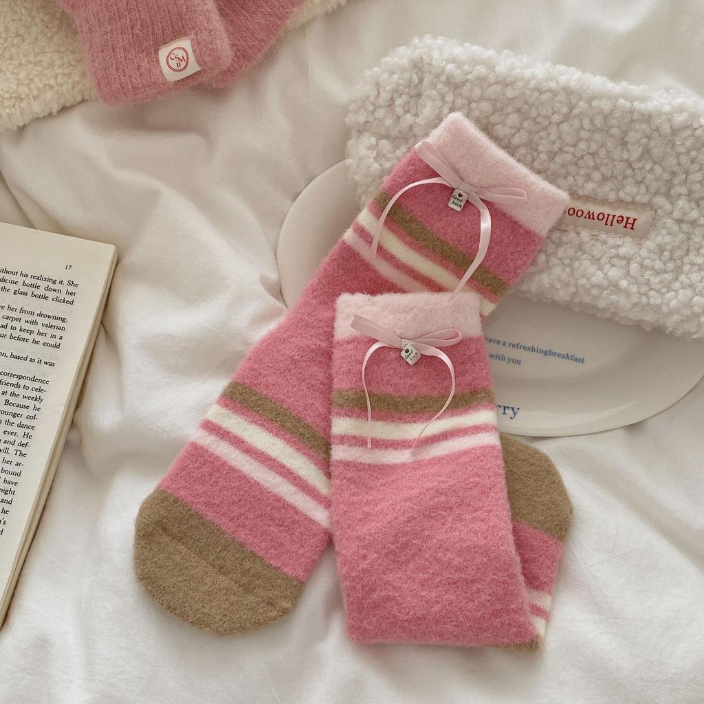 Женские теплые осенне-зимние гольфы с принтом в горошек, с мультяшной вышивкой и бантом