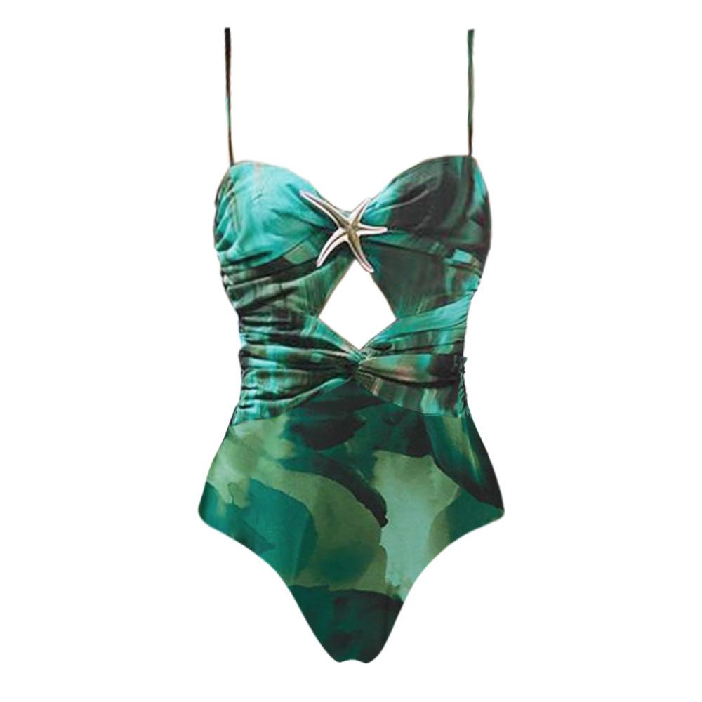 European and American swimwear new starfish decoration floral vacation hollow one-piece swimsuit and umbrella skirt set 11119
