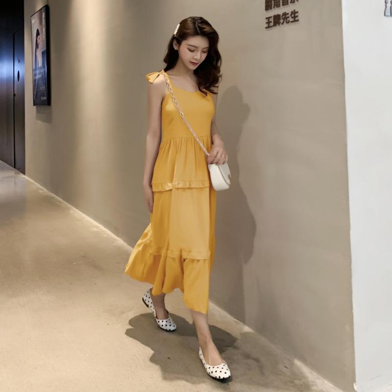 Летнее новое однотонное платье с бантом и сексуальными бретельками, женское ретро-платье с высокой талией, повседневное свободное длинное платье, женское модное облегающее элегантное платье с оборками 26371