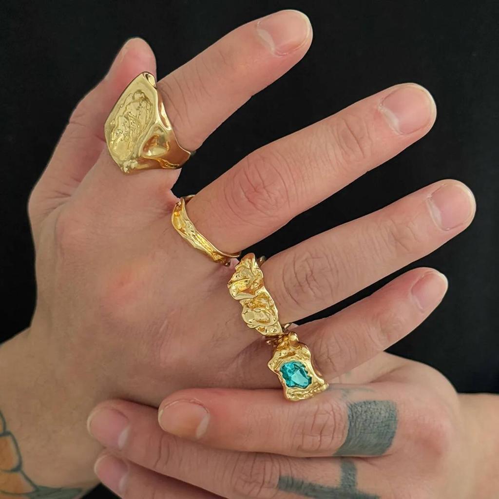SHIXIN 4Pcs/Set Retro Gold Color Irregular Texture Metal Ring Women Men Exquisite Acrylic Rhinestone Open Wide Ring Jewelry Gift