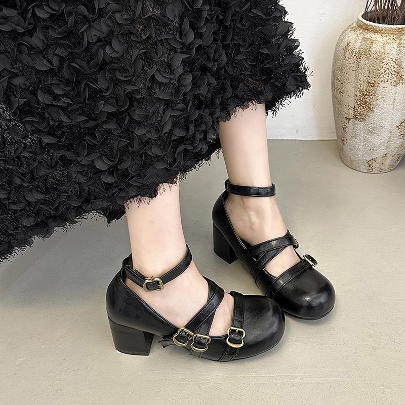 Cross-buckle Mary Jane women's high heels autumn 2025 new with skirt retro round head thick heel low-top shoes