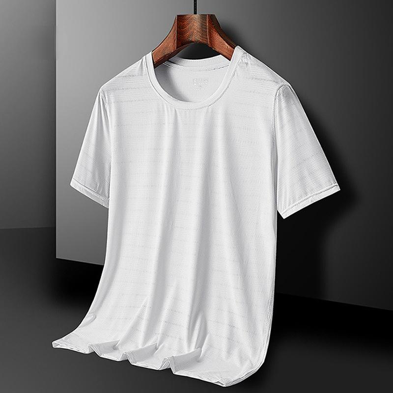 Ледяной шелк, быстросохнущая спортивная футболка с круглым вырезом, трикотажные изделия для спортзала, рубашка для фитнеса, футболка для бега, мужская дышащая спортивная одежда, сплошной цвет