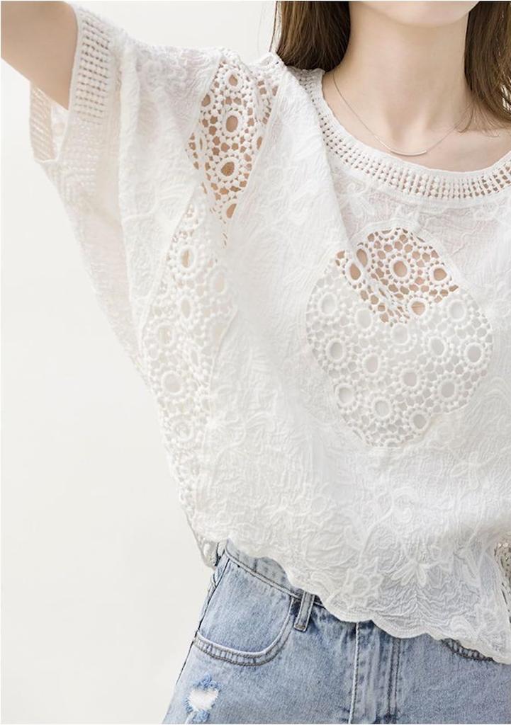 Haveli Lace Short Floral Loose Korean Solid Round Dolman and Stylish One Women's Blouse, Sleeve, Sheer, Print, Fit, Feminine, Stylish, Casual, Style,