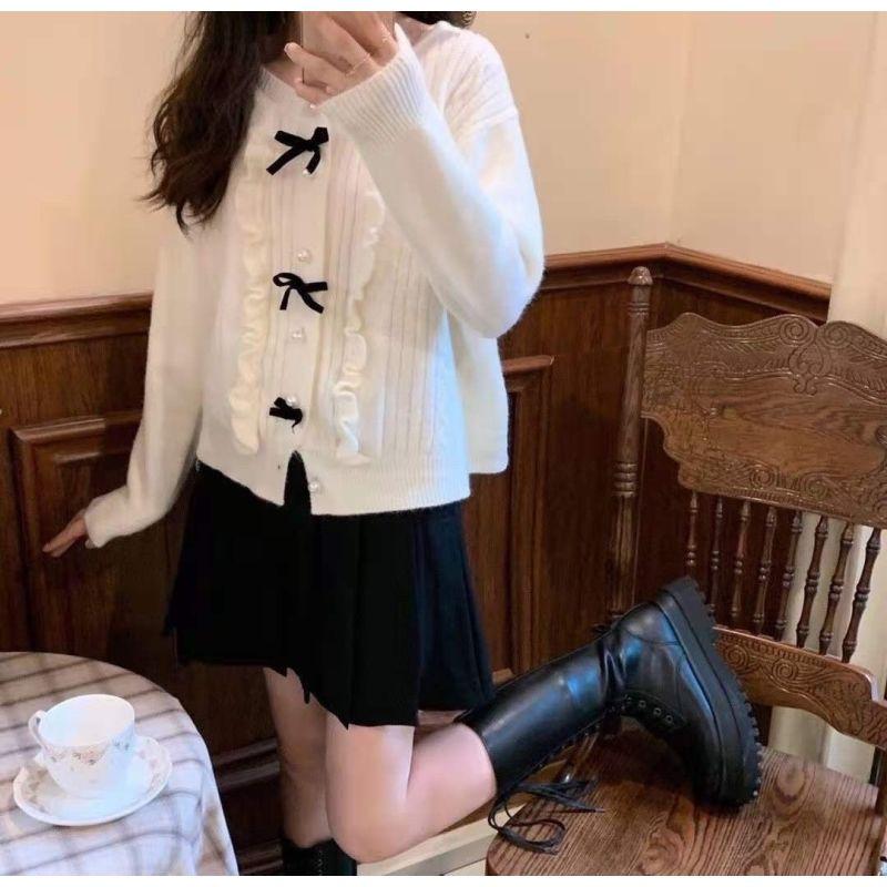Gentle Wind Bow Knitted Cardigan Women 2022 Spring and Autumn New O Neck Solid Japanese Sweater Cardigan Coat Women