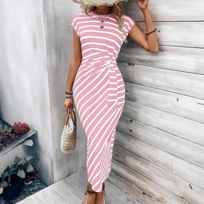 Женские летние темпераментные элегантные платья с завязками на талии в полоску с круглым вырезом и короткими рукавами