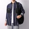 Spring Autumn Long-sleeved Denim Shirts Men Stitching Striped Overcoats Male Loose Pockets Casual Shirt