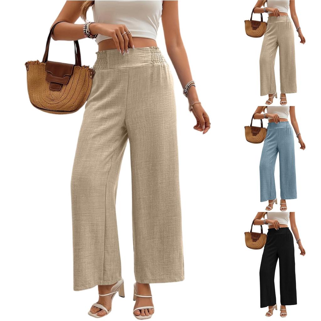 Women's Elastic High Waist Trousers Wide Leg Casual Loose Long Pants With Pocket